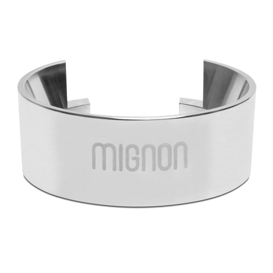 Eureka Mignon Libra Chrome Dosing Funnel with laser-engraved mignon logo and polished finish
