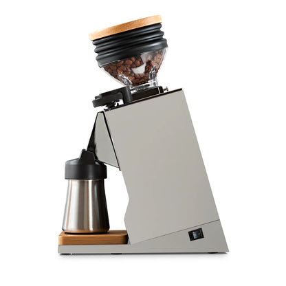 Profile view of Eureka Mignon Single Dose PRO grinder, showing hopper, lid, and dosing cup.
