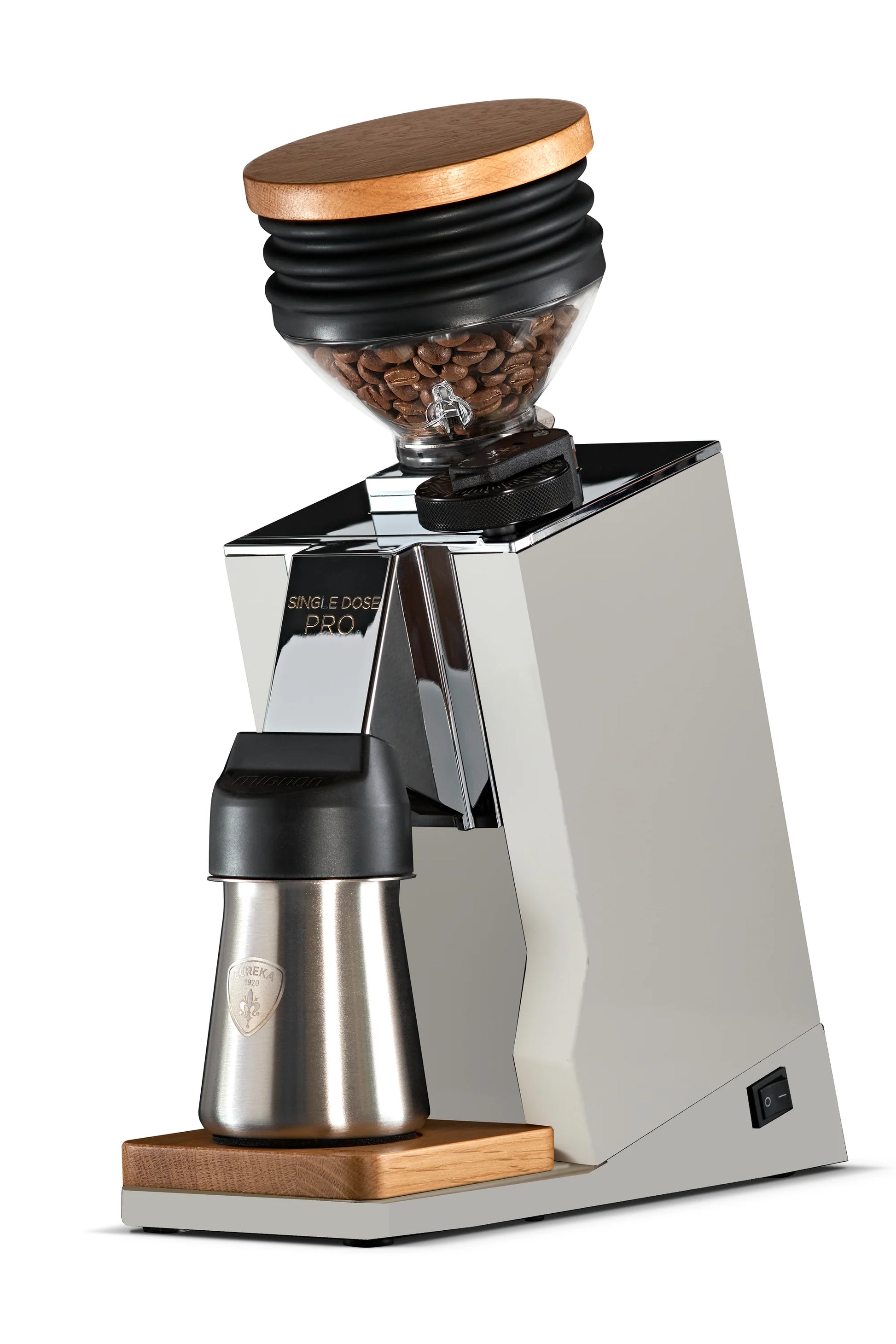 Eureka Mignon Single Dose PRO grinder side-by-side black and white finish comparison.
