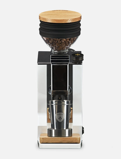 Profile view of Eureka Mignon Single Dose grinder highlighting vertical single dose design.
