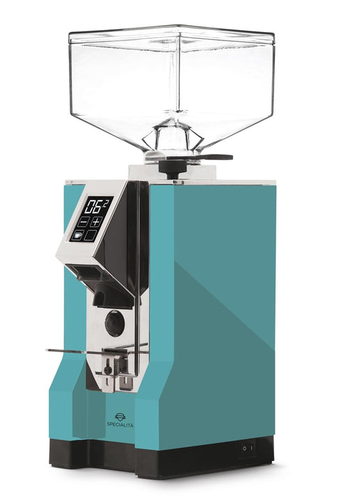 Rear view of Eureka Mignon Specialita grinder in teal finish showing power switch and dial.
