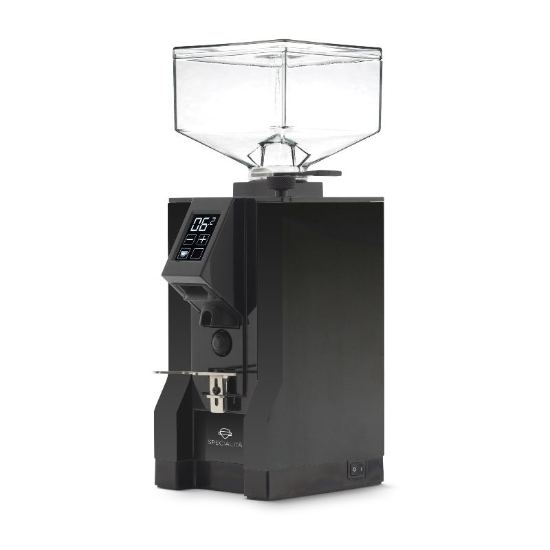 Eureka Mignon Specialita coffee grinder front view, black finish, touchscreen display, clear hopper.
