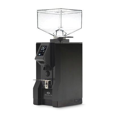 Eureka Mignon Specialita coffee grinder front view, black finish, touchscreen display, clear hopper.

