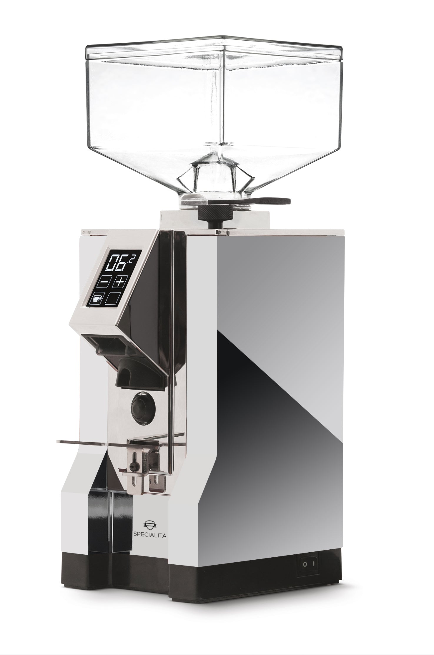 Eureka Mignon Specialita grinder in white finish, side angle view.
