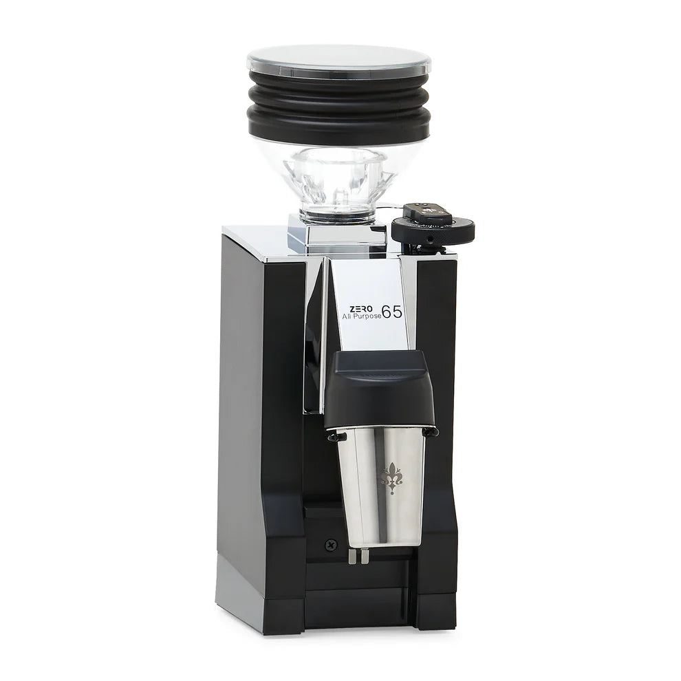 Eureka Mignon Zero 65 grinder angle view showing King-Size dial and blow-up system hopper.
