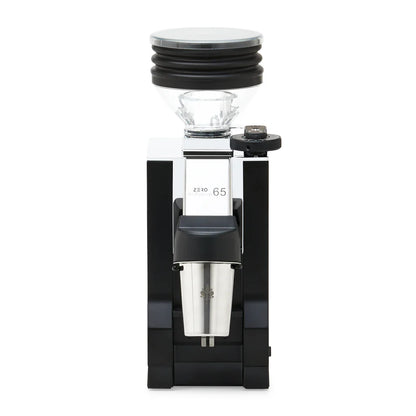 Side angle of Eureka Mignon Zero 65 All Purpose grinder with bellows system and dosing cup.
