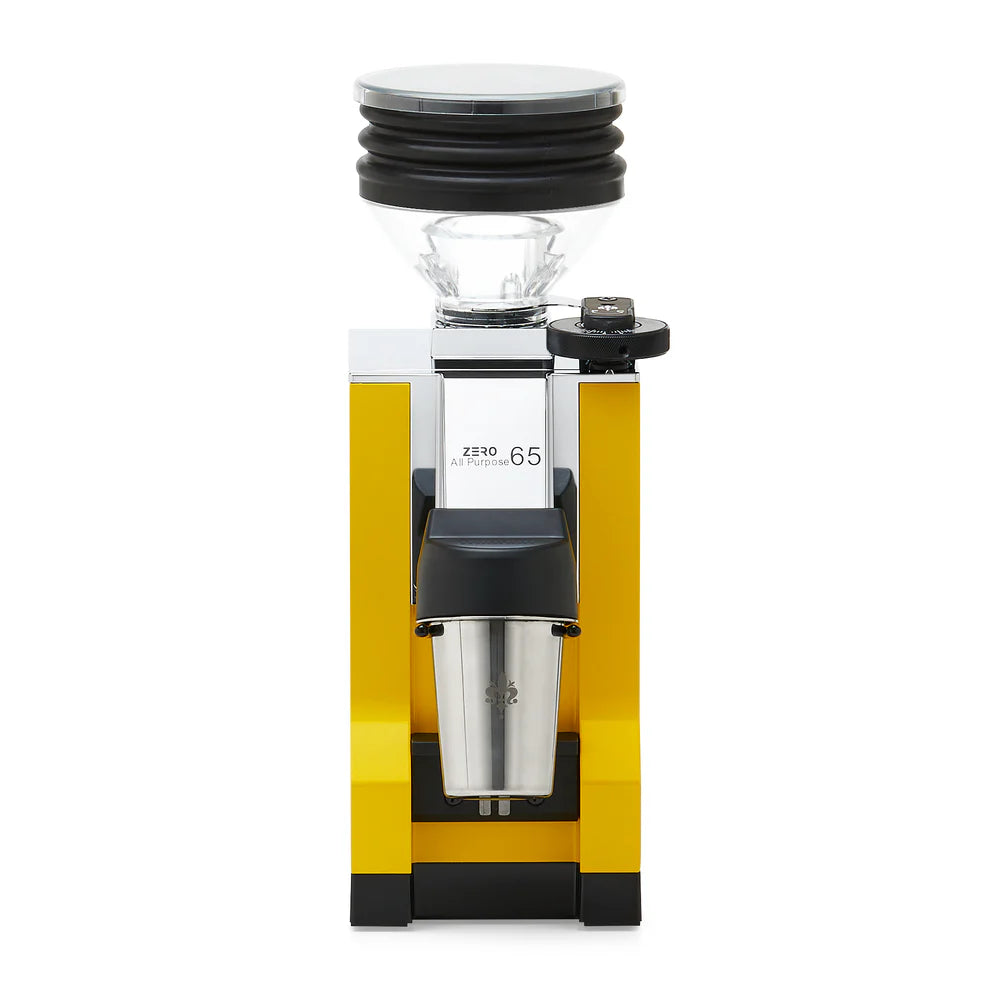 Yellow finish Eureka Mignon Zero 65 All Purpose grinder angle view.
