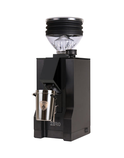 Eureka Mignon Zero coffee grinder front view, black finish, single dose hopper, 55mm flat burrs.
