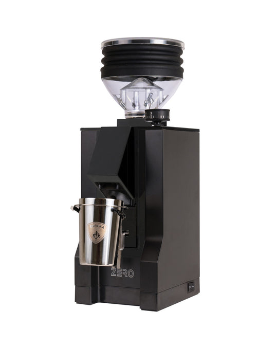 Eureka Mignon Zero coffee grinder front view, black finish, single dose hopper, 55mm flat burrs.
