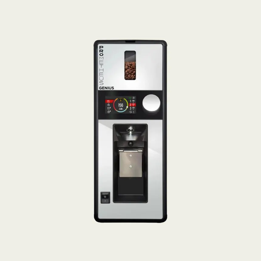 Eureka Prometheus coffee grinder with advanced touchscreen control panel displaying settings and dose options