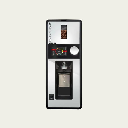 Eureka Prometheus coffee grinder with advanced touchscreen control panel displaying settings and dose options