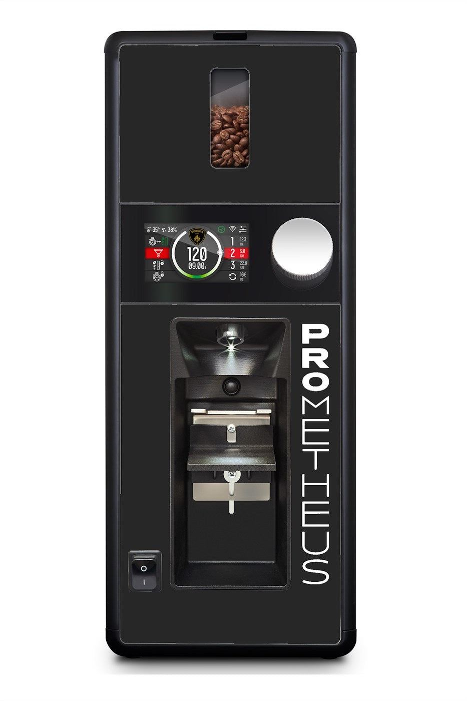 Eureka Prometheus commercial coffee grinder front view, black finish, touchscreen display, 85mm burrs.
