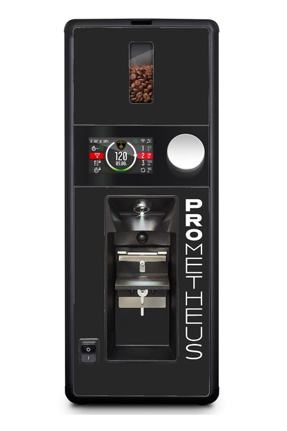 Eureka Prometheus commercial coffee grinder front view, black finish, touchscreen display, 85mm burrs.
