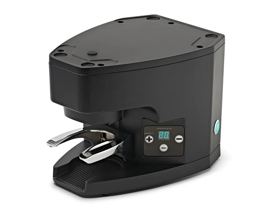 Eureka Under-The-Grinder Automatic Tamper front view, black finish, digital display, designed for Atom grinders.
