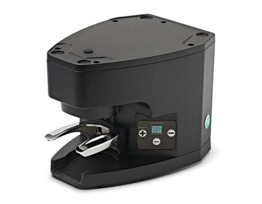 Eureka Under-The-Grinder Automatic Tamper front view, black finish, digital display, designed for Atom grinders.
