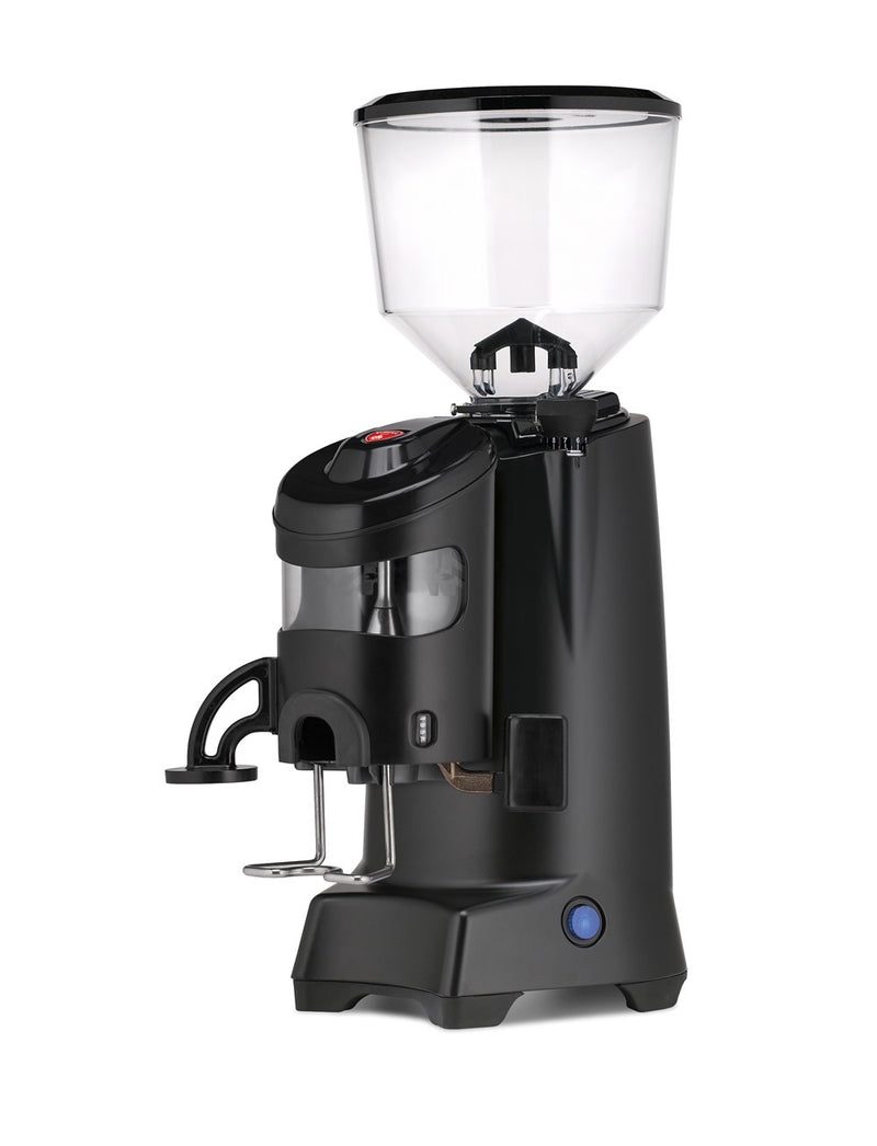 Eureka Zenith Club coffee grinder front view, black finish, clear hopper, digital display, 60mm burrs.
