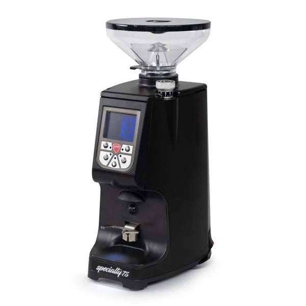 Eureka Atom Specialty 75 espresso grinder front view with digital touchscreen display and 1.4kg hopper
