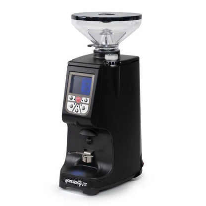 Eureka Atom Specialty 75 espresso grinder front view with digital touchscreen display and 1.4kg hopper