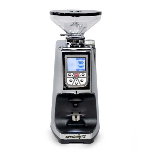 Eureka Atom Specialty 75 espresso grinder front view with digital touchscreen display and 1.4kg hopper

