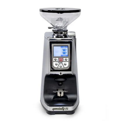 Eureka Atom Specialty 75 espresso grinder front view with digital touchscreen display and 1.4kg hopper
