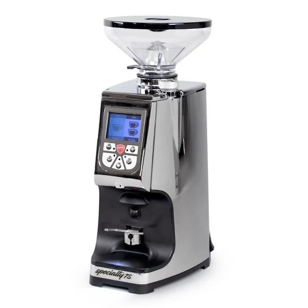 Eureka Atom Specialty 75 espresso grinder front view with digital touchscreen display and 1.4kg hopper
