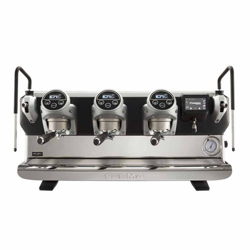 Faema E71E professional espresso machine front view with polished stainless steel finish and three group heads
