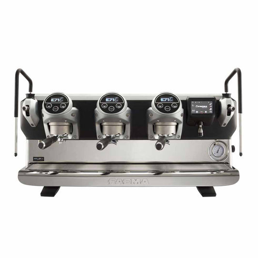 Faema E71E professional espresso machine front view with polished stainless steel finish and three group heads
