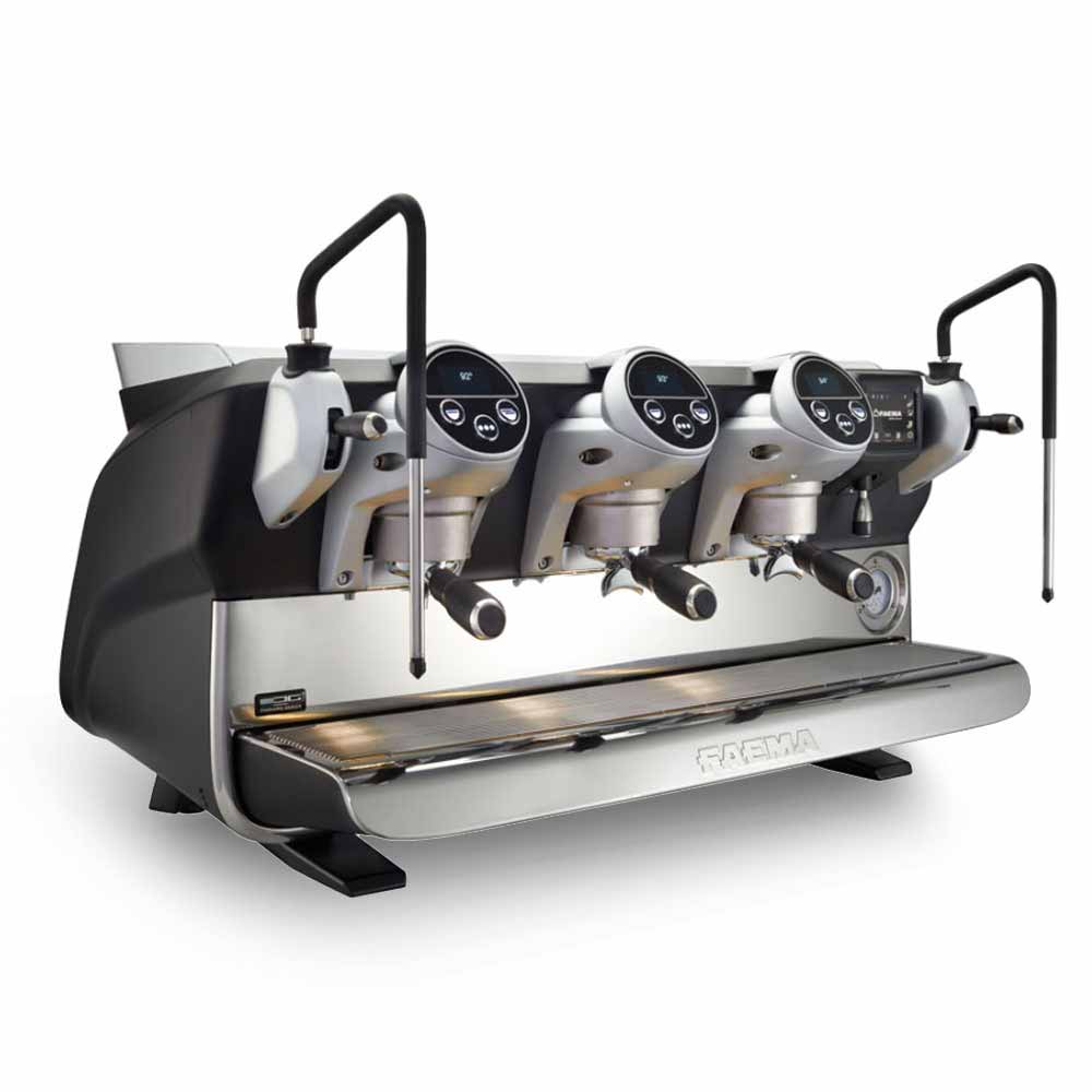 Side view of Faema E71E espresso machine showcasing ergonomic design and professional profile
