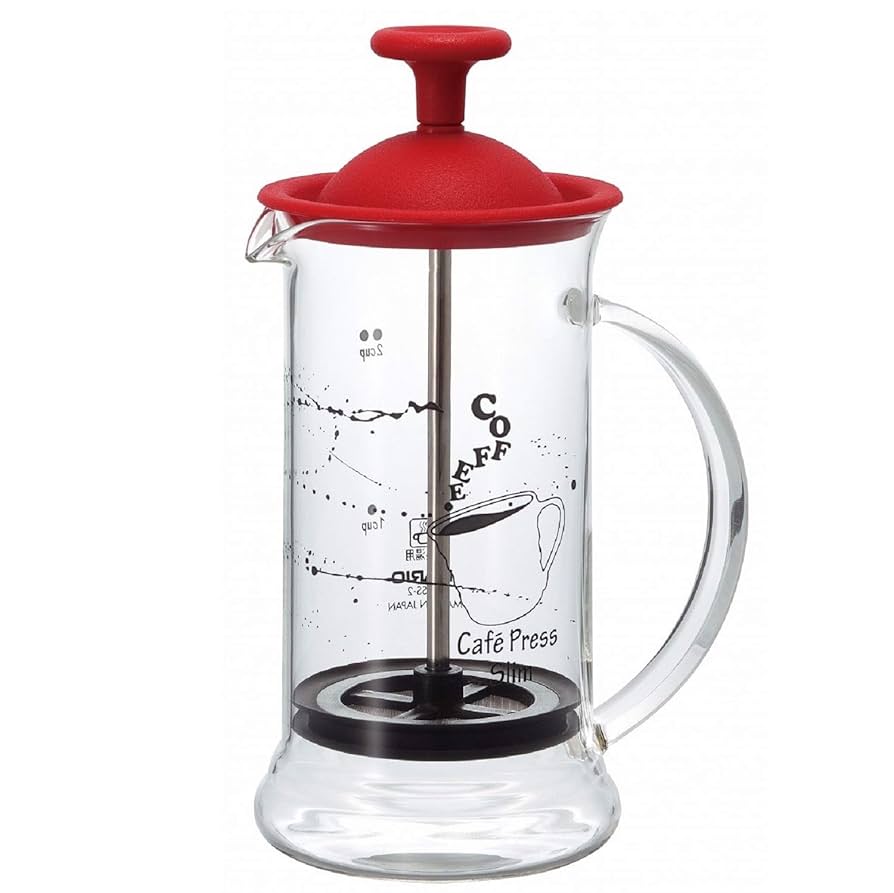 Hario Coffee Press Slim S with red lid, clear glass body and stainless steel plunger
