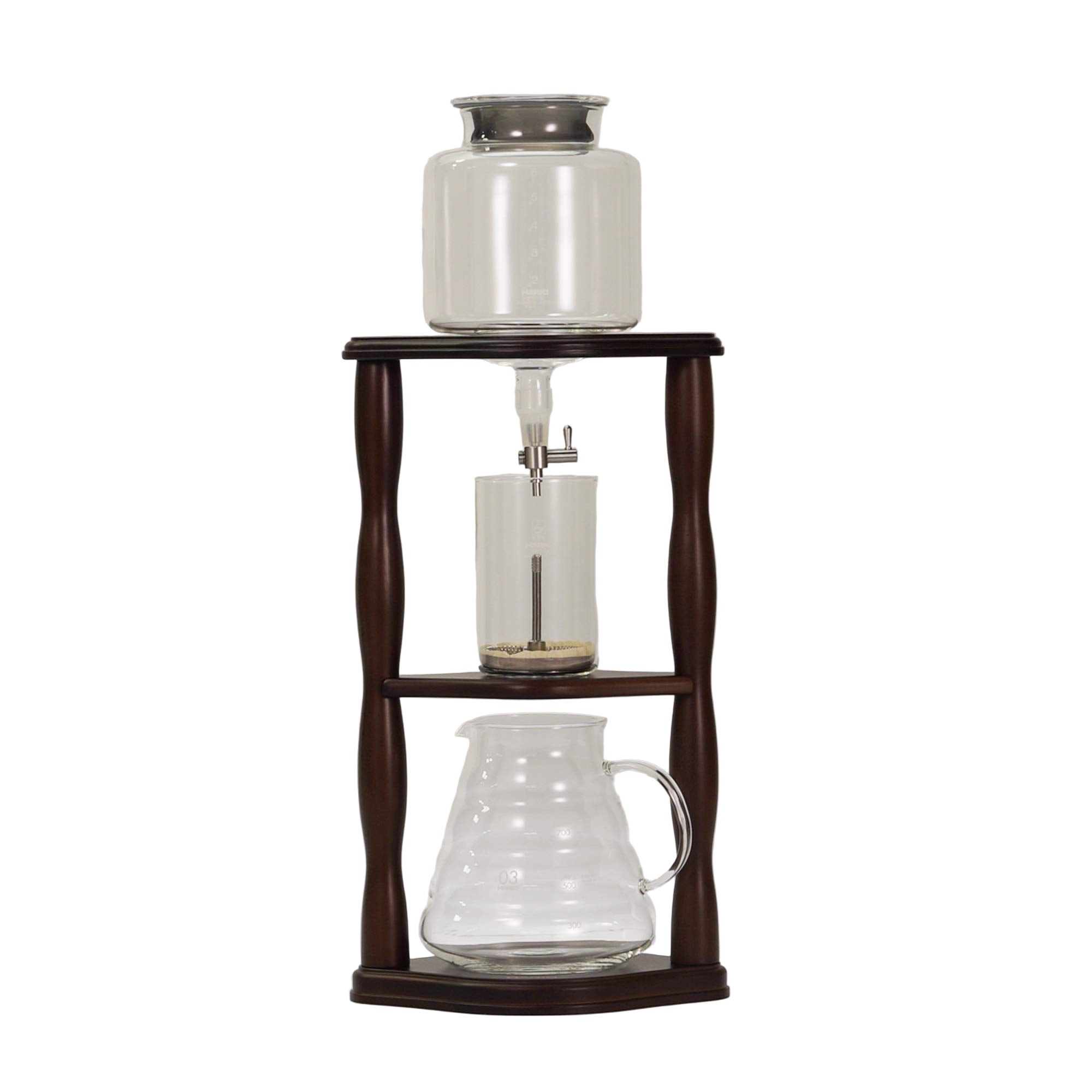 Hario Water Dripper Wood cold brew tower with wooden stand and glass chambers