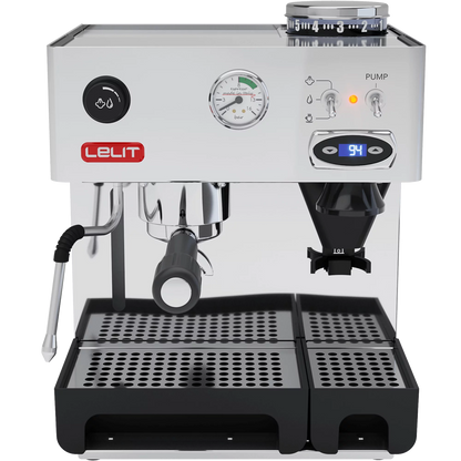 Lelit Anita with PID espresso machine front view showing stainless steel body, digital display and integrated grinder
