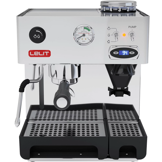 Lelit Anita with PID espresso machine front view showing stainless steel body, digital display and integrated grinder
