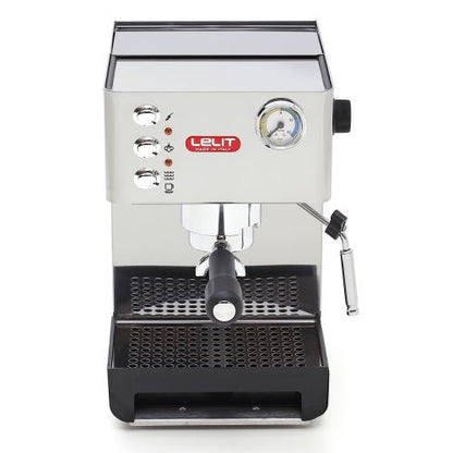 Lelit Anna PL41EM espresso machine front view, stainless steel body, black base, control knobs.