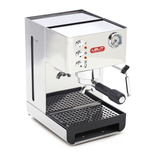 Lelit Anna PL41EM espresso machine right-side view showing steam wand and portafilter handle.