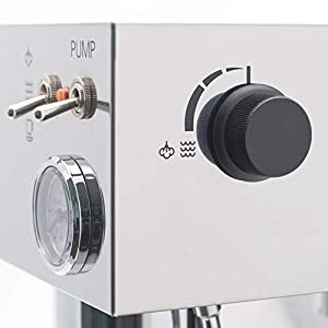 Detail view of Lelit Anna PL41TEM control switches and knobs on stainless steel panel.
