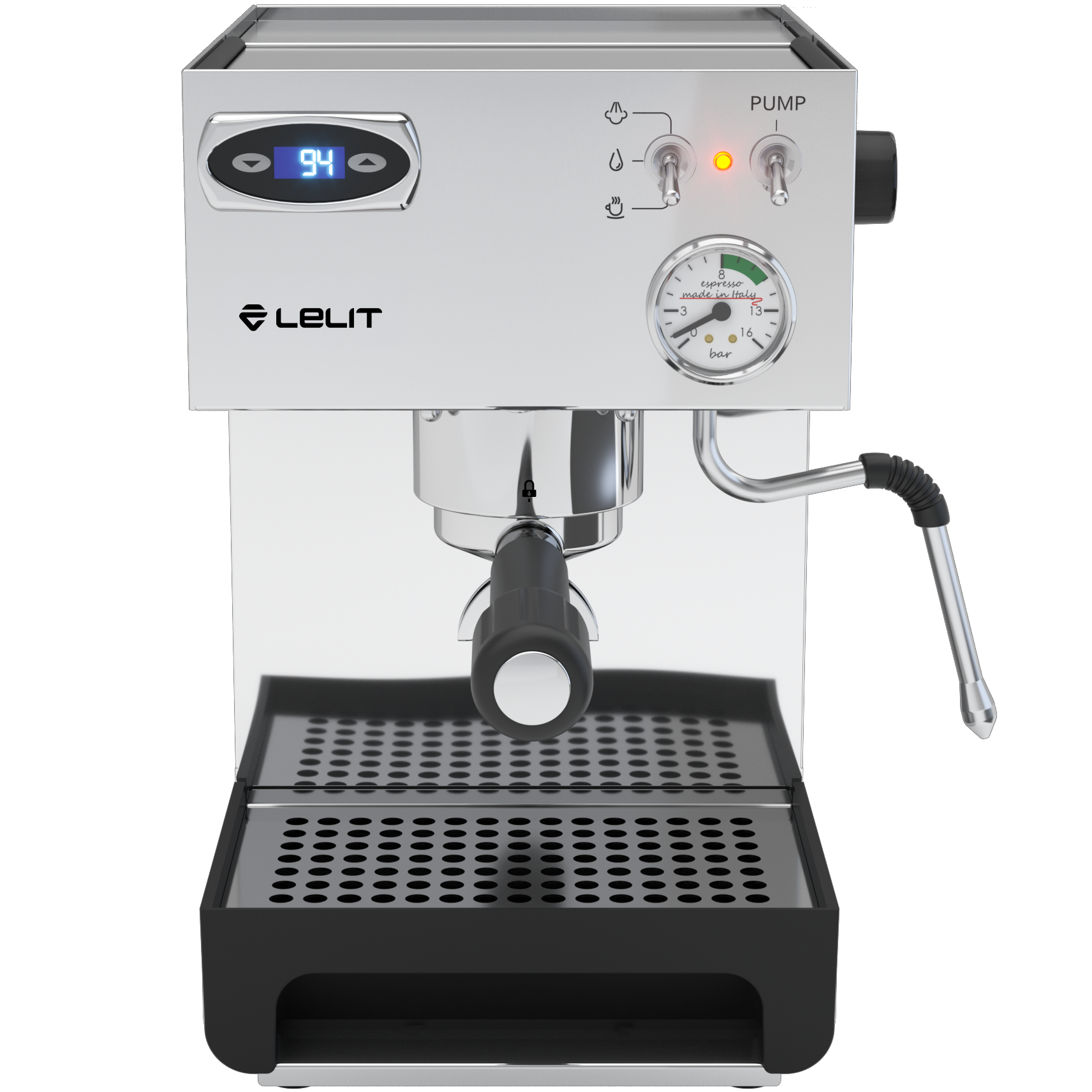 Lelit Anna PL41TEM espresso machine front angle, PID, gauge, controls, and drip tray.