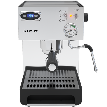 Lelit Anna PL41TEM espresso machine front angle, PID, gauge, controls, and drip tray.