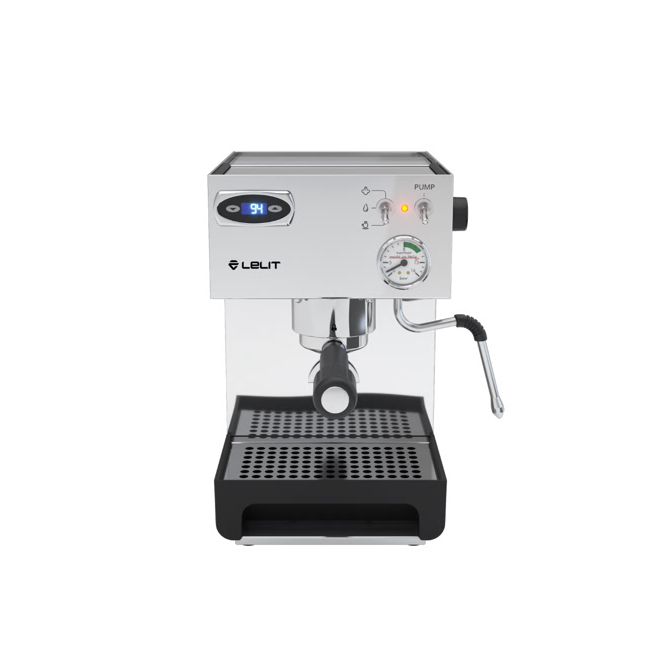 Lelit Anna PL41TEM espresso machine front view, stainless steel body, PID display, steam wand.