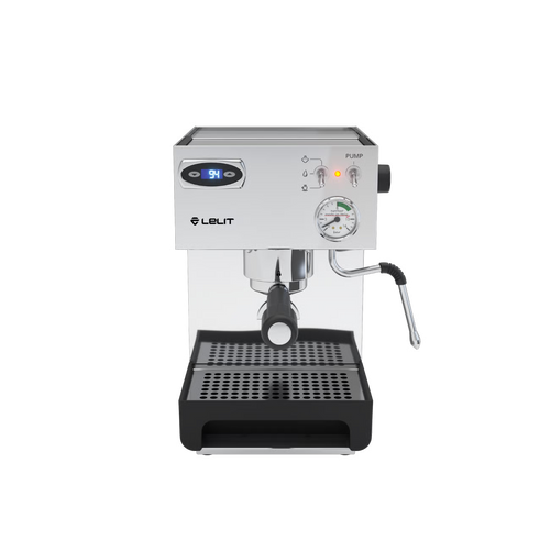 Lelit Anna PL41TEM espresso machine front view, stainless steel body, PID display, steam wand.