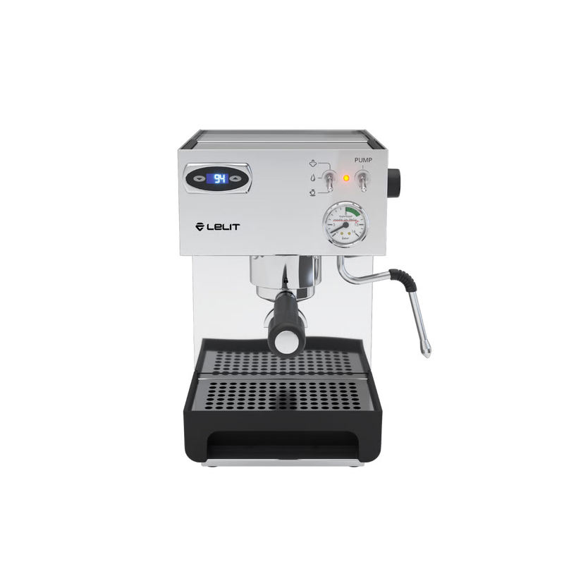Lelit Anna PL41TEM espresso machine front view, stainless steel body, PID display, steam wand.