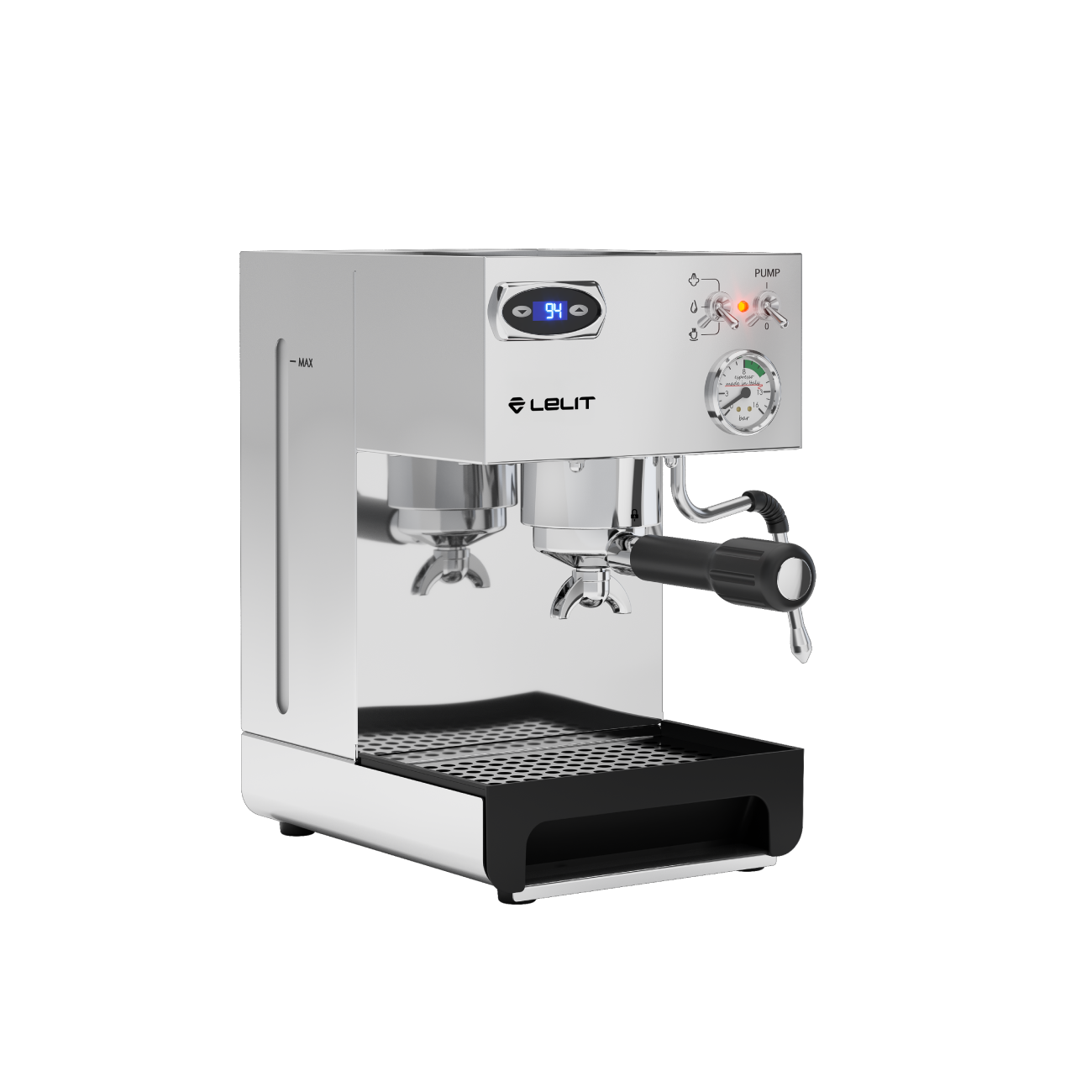 Lelit Anna PL41TEM espresso machine left-side view showing PID, steam wand, and water tank.
