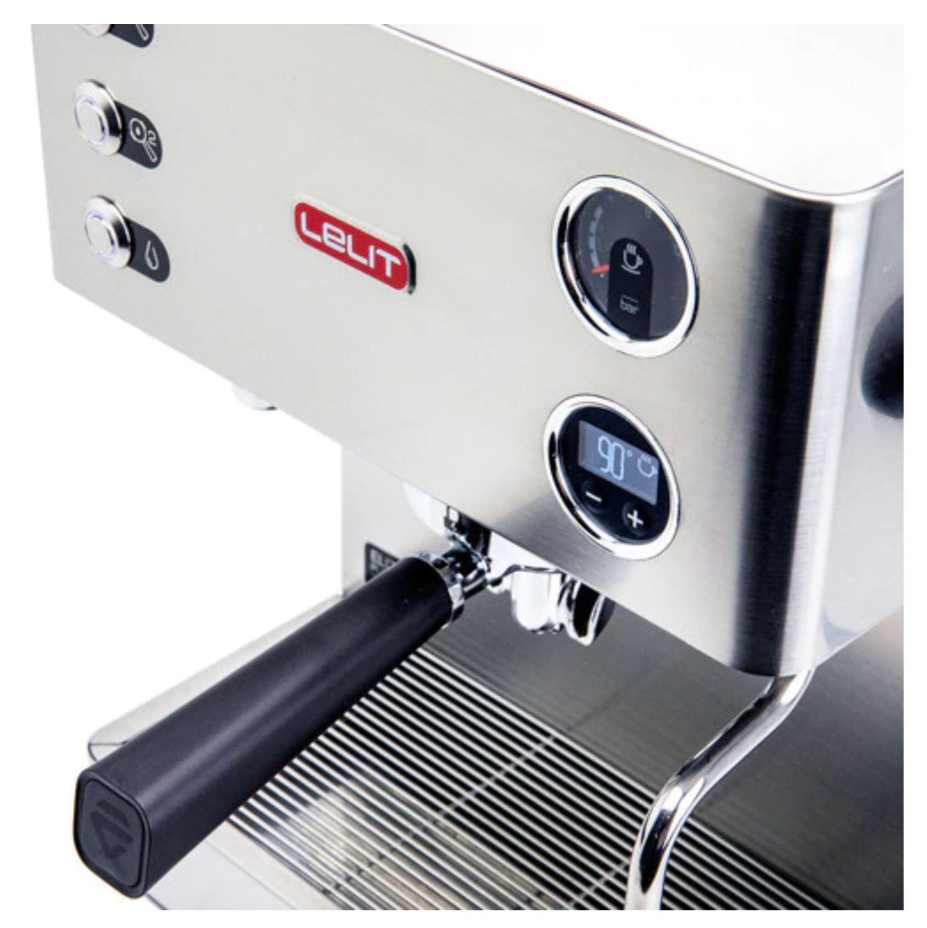 Lelit Elizabeth dual boiler espresso machine detail of control switches and display.
