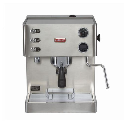 Lelit Elizabeth dual boiler espresso machine front view, stainless steel, PID display, steam wand.

