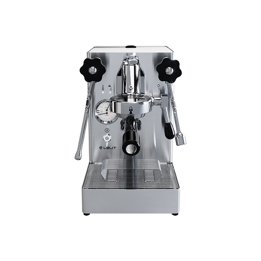 Lelit Mara X V2 PID espresso machine front view with stainless steel body and E61 group head
