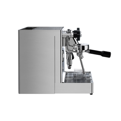 Side profile view of Lelit Mara X V2 showing steam wand, hot water tap and ergonomic control knobs
