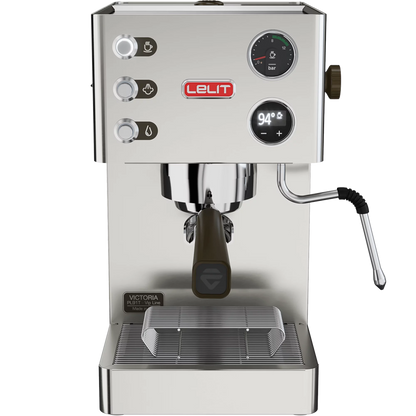 Lelit Victoria PL91T espresso machine front view, stainless steel body, PID display, steam wand.
