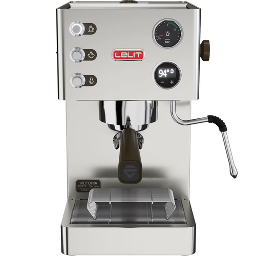 Lelit Victoria PL91T espresso machine front view, stainless steel body, PID display, steam wand.

