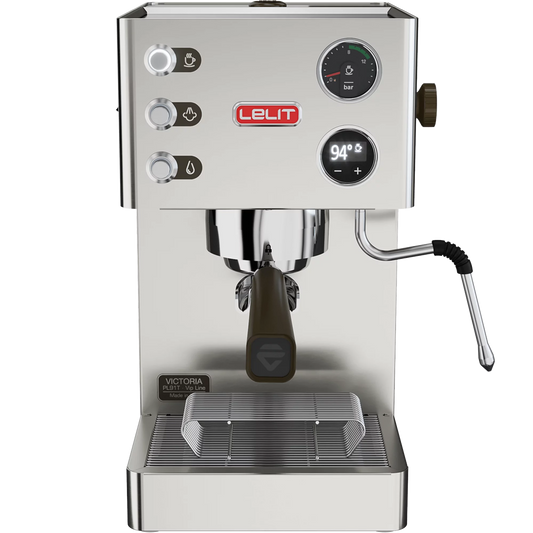 Lelit Victoria PL91T espresso machine front view, stainless steel body, PID display, steam wand.
