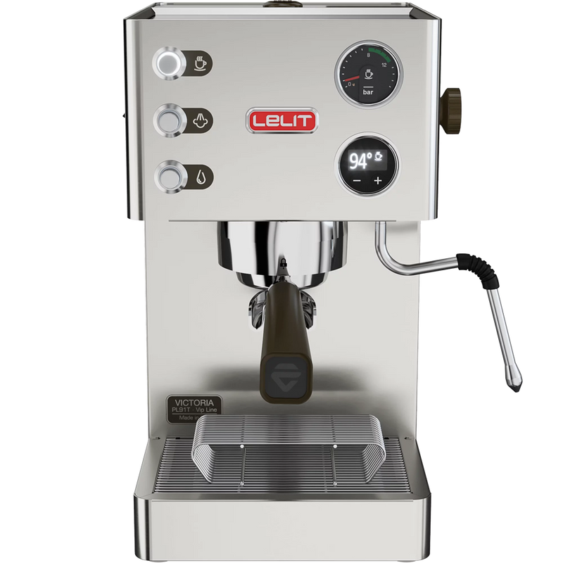 Lelit Victoria PL91T espresso machine front view, stainless steel body, PID display, steam wand.
