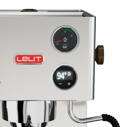 Lelit Victoria PL91T espresso machine close-up of control panel, gauge, and PID temperature display.
